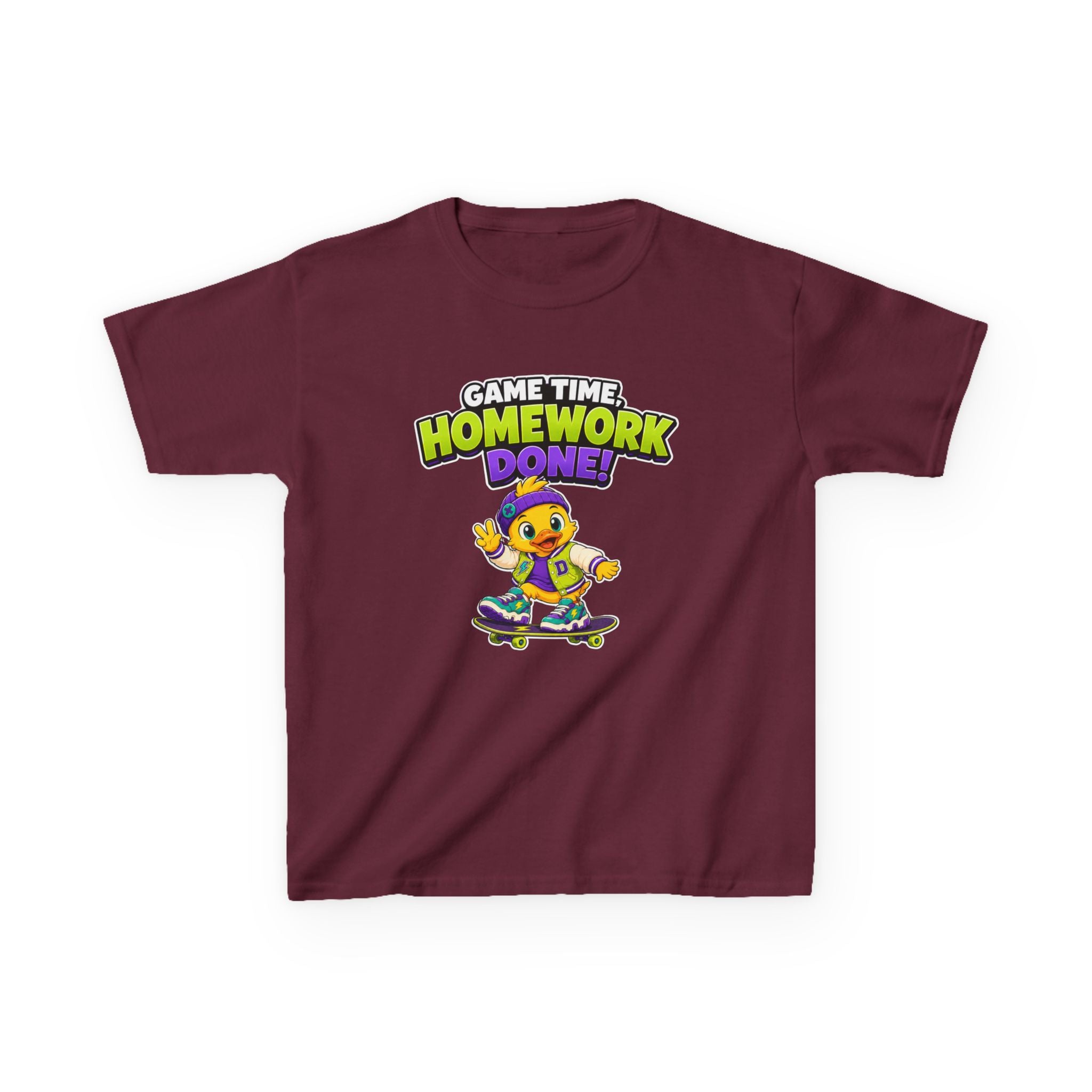 Kids Back-to-School T-Shirt — 'Game Time, Homework Done!' Skateboard Duck Graphic Tee
