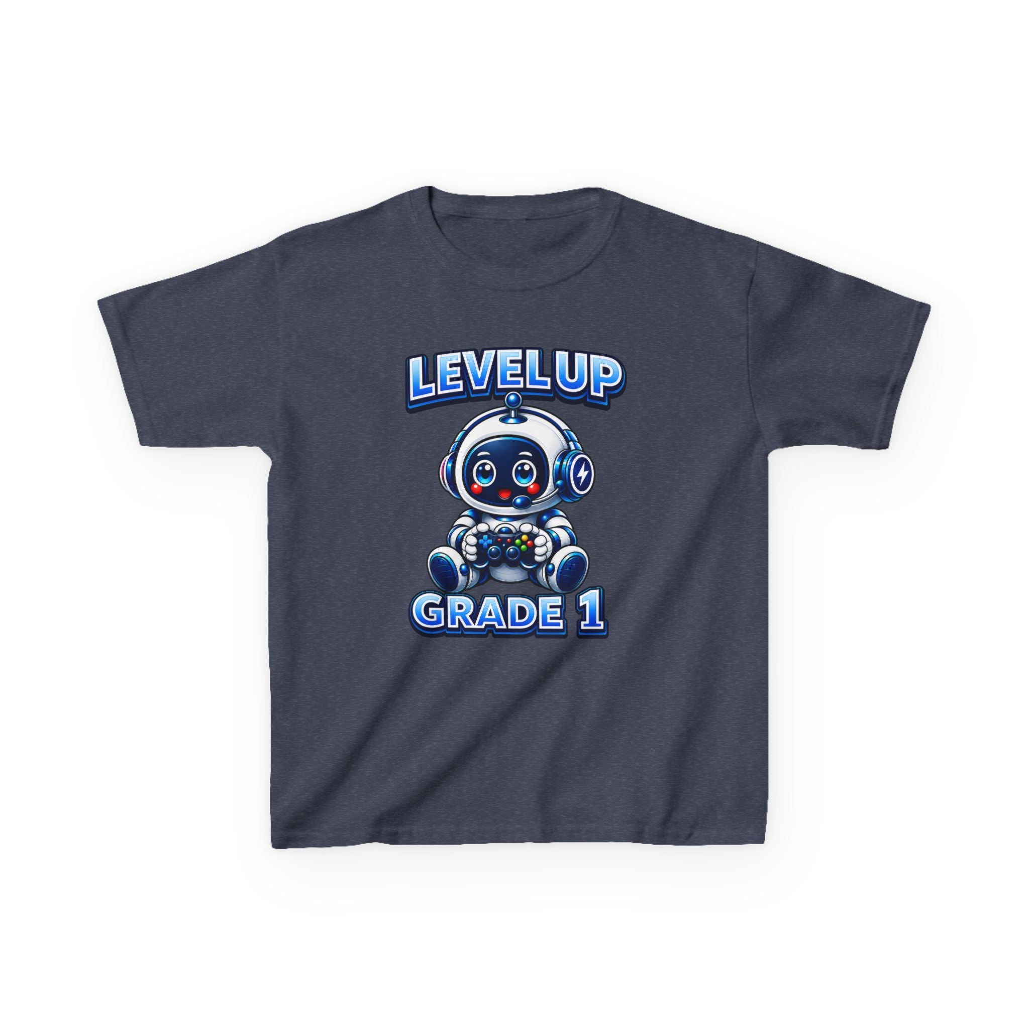 Kids Grade 1 T-Shirt — 'Level Up' Cute Robot Back-to-School Graphic Tee