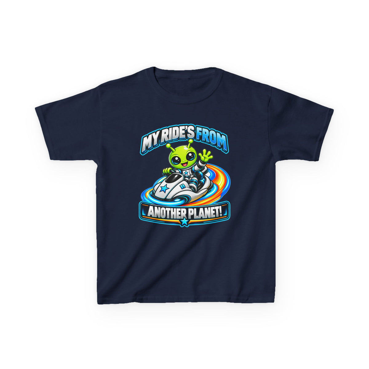 Kidxtr™ Kids Alien T-Shirt — 'My Ride's From Another Planet' Space Rider Graphic Tee