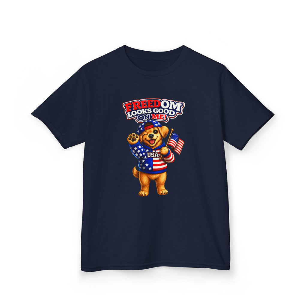 Kids Patriotic T-Shirt — 'Freedom Looks Good on Me' USA Dog Graphic Tee