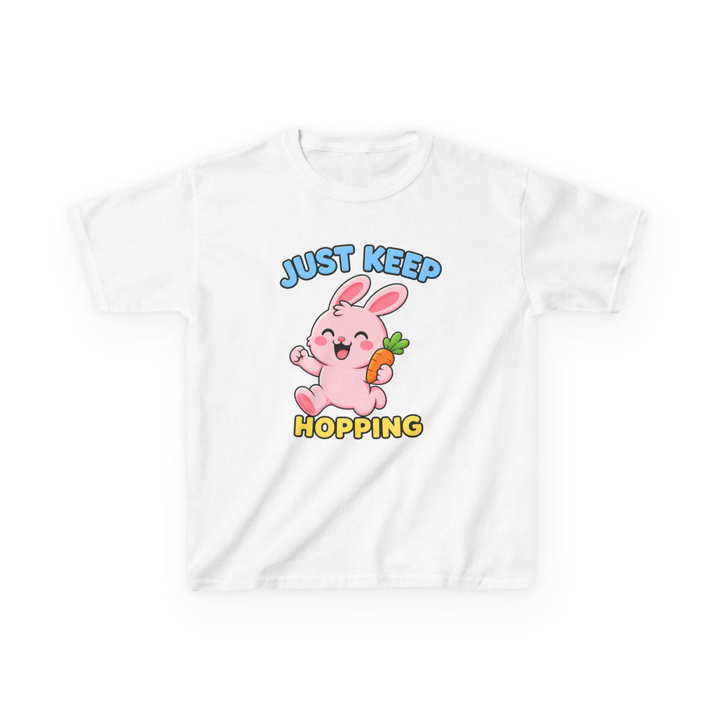 Kids Tee — “Just Keep Hopping” Cute Bunny Carrot Graphic