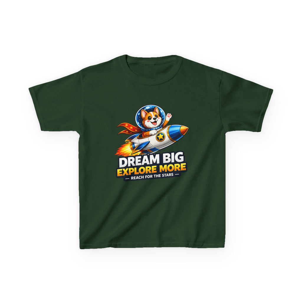 Kids Tee — "Dream Big Explore More" Rocket Dog Space Graphic