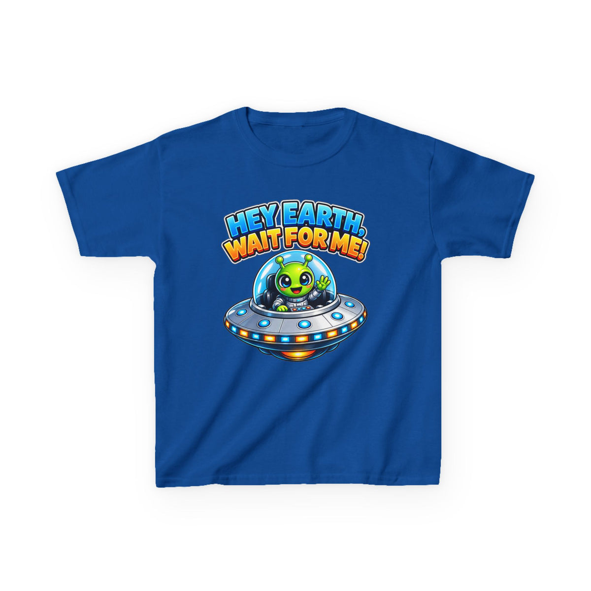 Kidxtr™ Kids Space T-Shirt — 'Hey Earth, Wait For Me!' Alien Spaceship Graphic Tee
