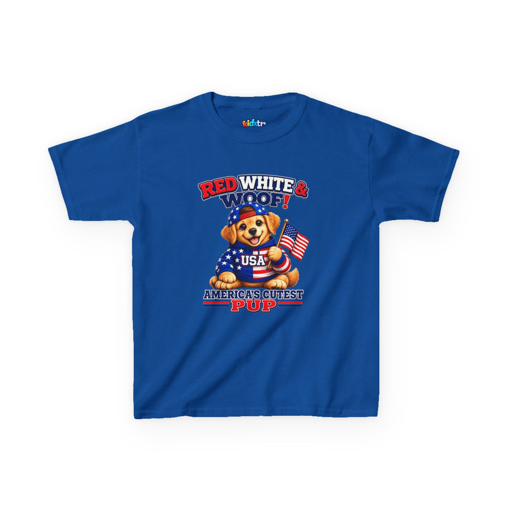 Kidxtr™ Kids Patriotic T-Shirt — 'Red White & Woof!' USA Dog Graphic Tee