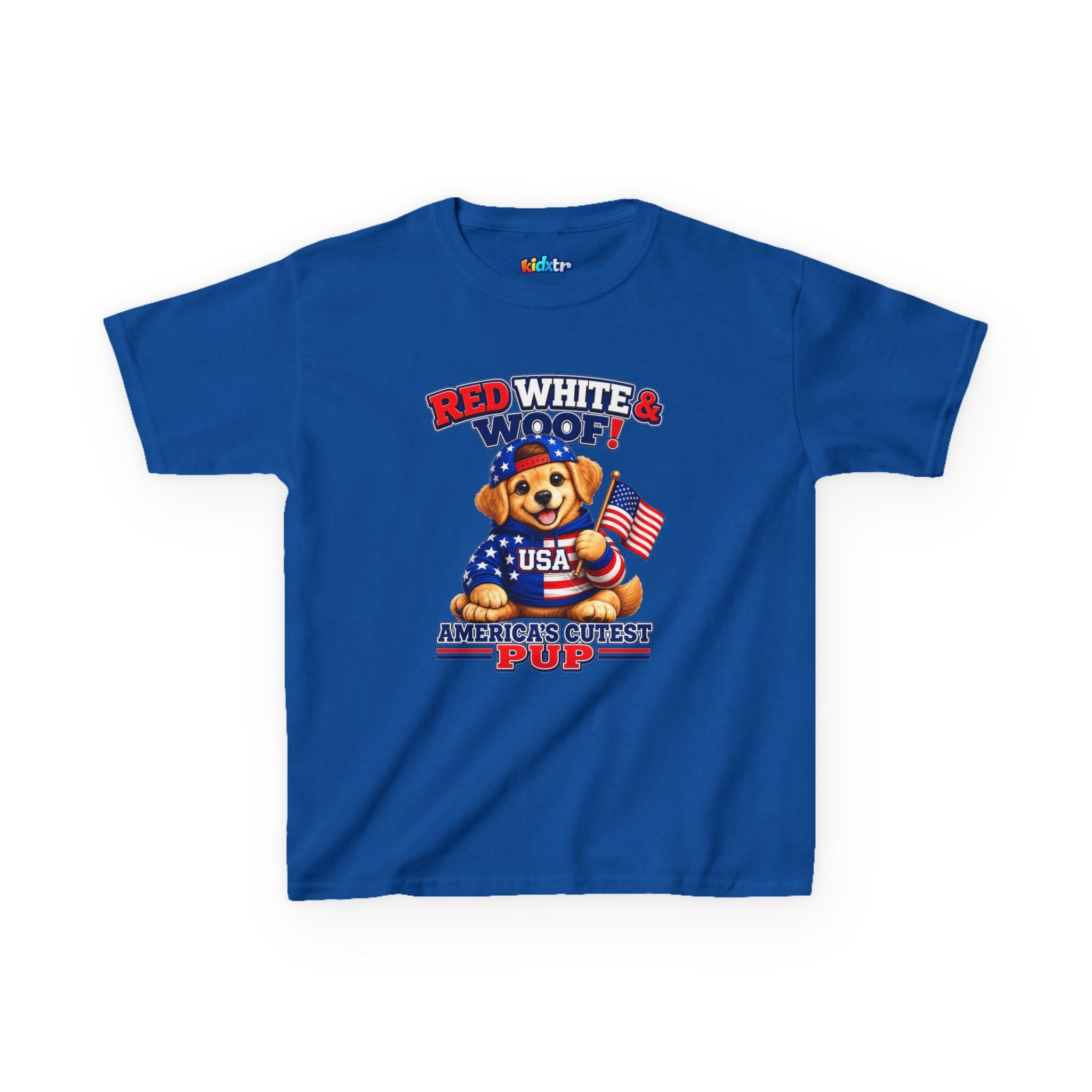 Kidxtr™ Kids Patriotic T-Shirt — 'Red White & Woof!' USA Dog Graphic Tee