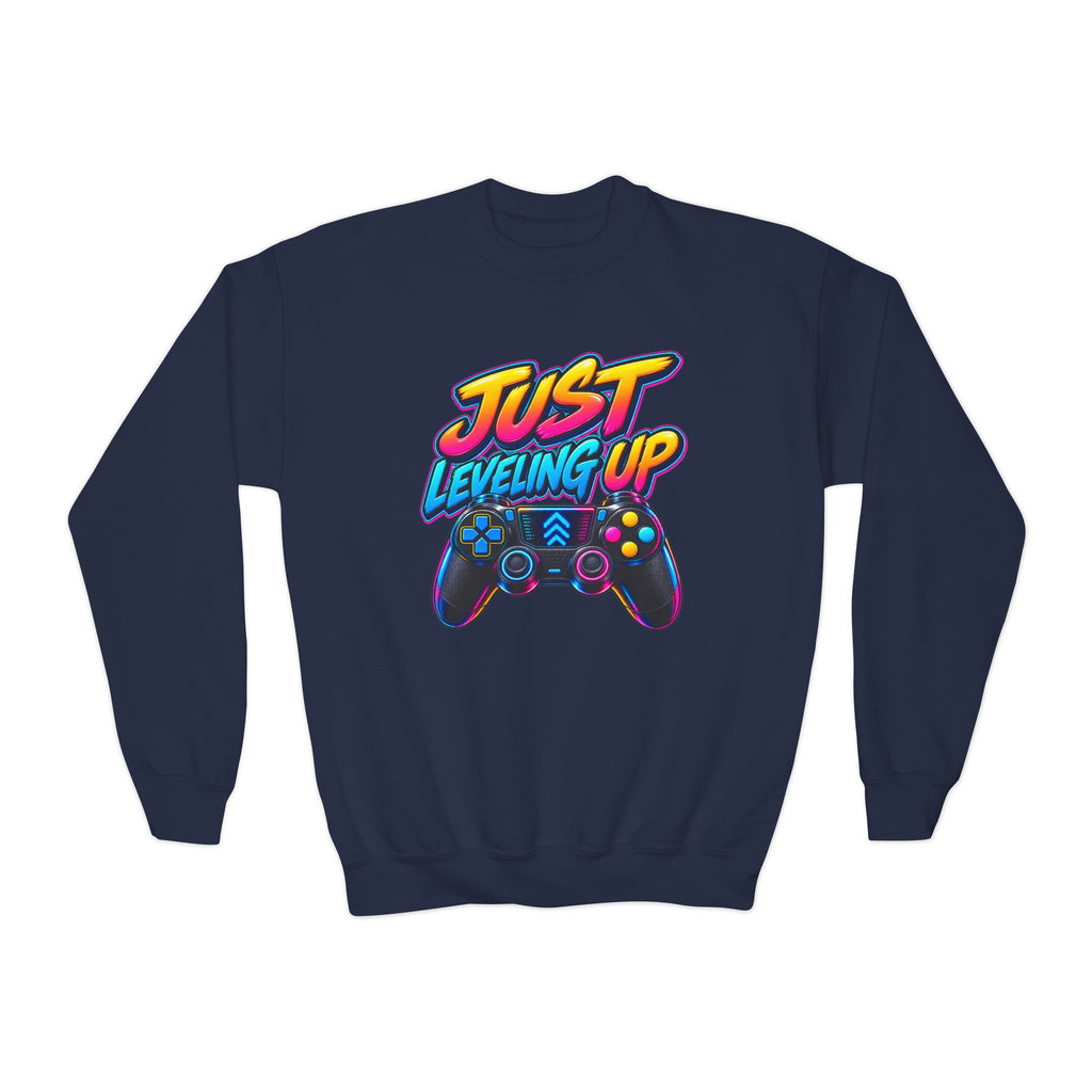 Kidxtr™ Kids Gamer Crewneck — 'Just Level Up' Cartoon Graphic Sweatshirt