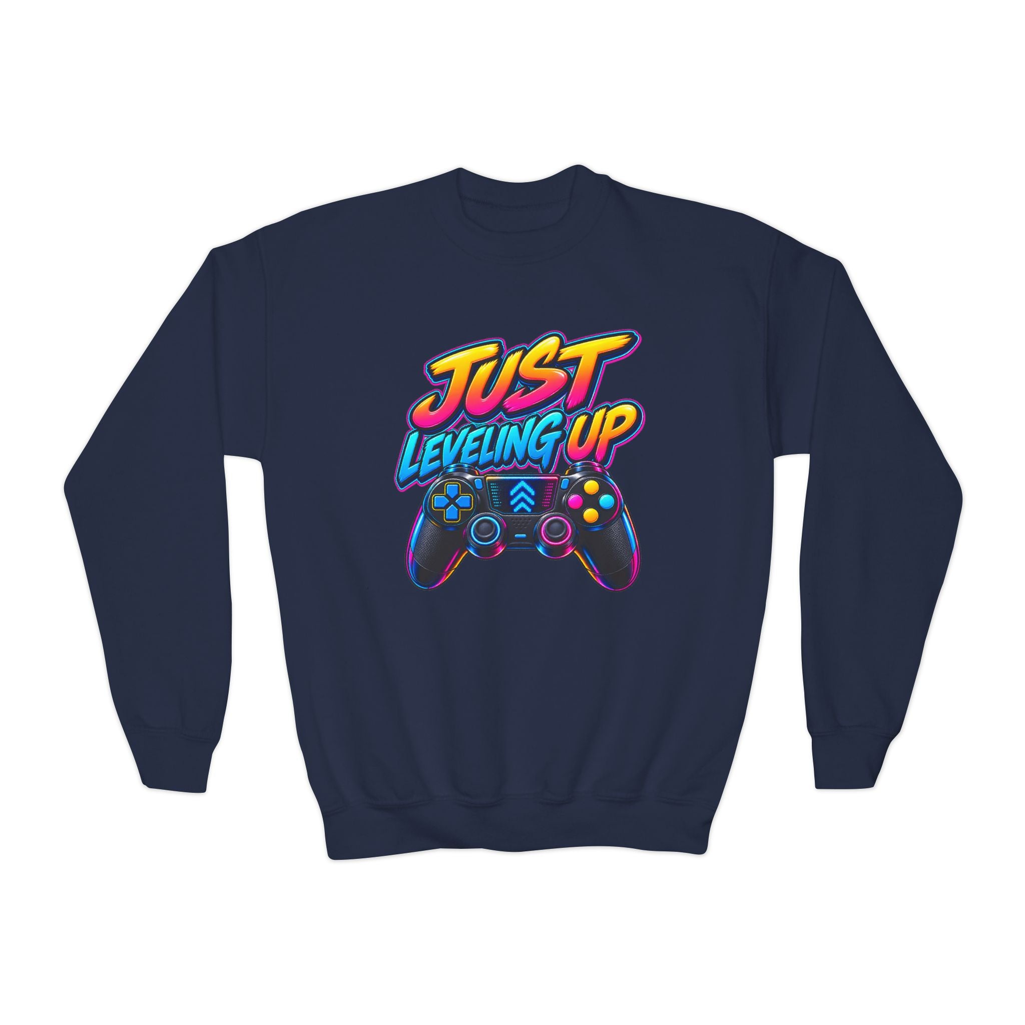 Kidxtr™ Kids Gamer Crewneck — 'Just Level Up' Cartoon Graphic Sweatshirt