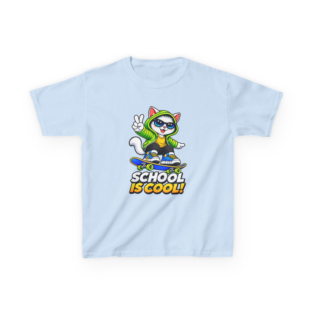 Kids School T-Shirt — 'School Is Cool' Skateboard Cat Graphic Tee