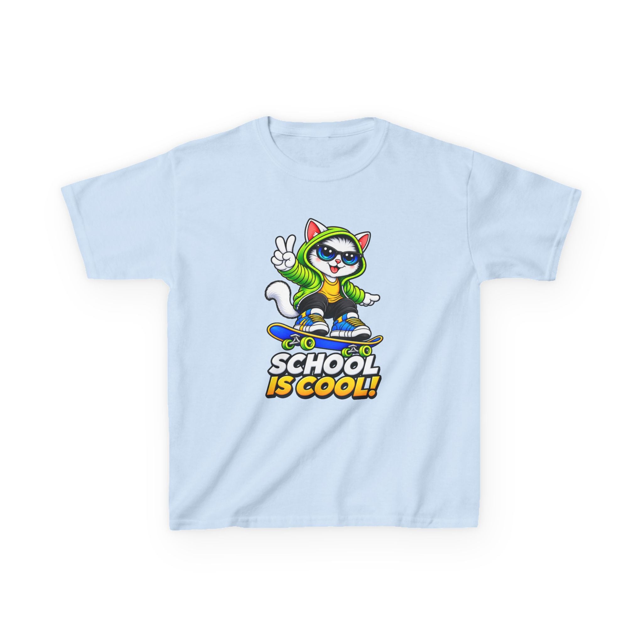 Kids School T-Shirt — 'School Is Cool' Skateboard Cat Graphic Tee