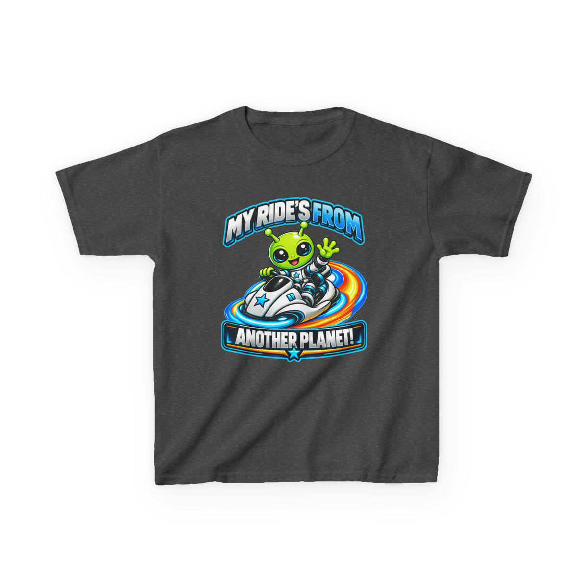 Kidxtr™ Kids Alien T-Shirt — 'My Ride's From Another Planet' Space Rider Graphic Tee