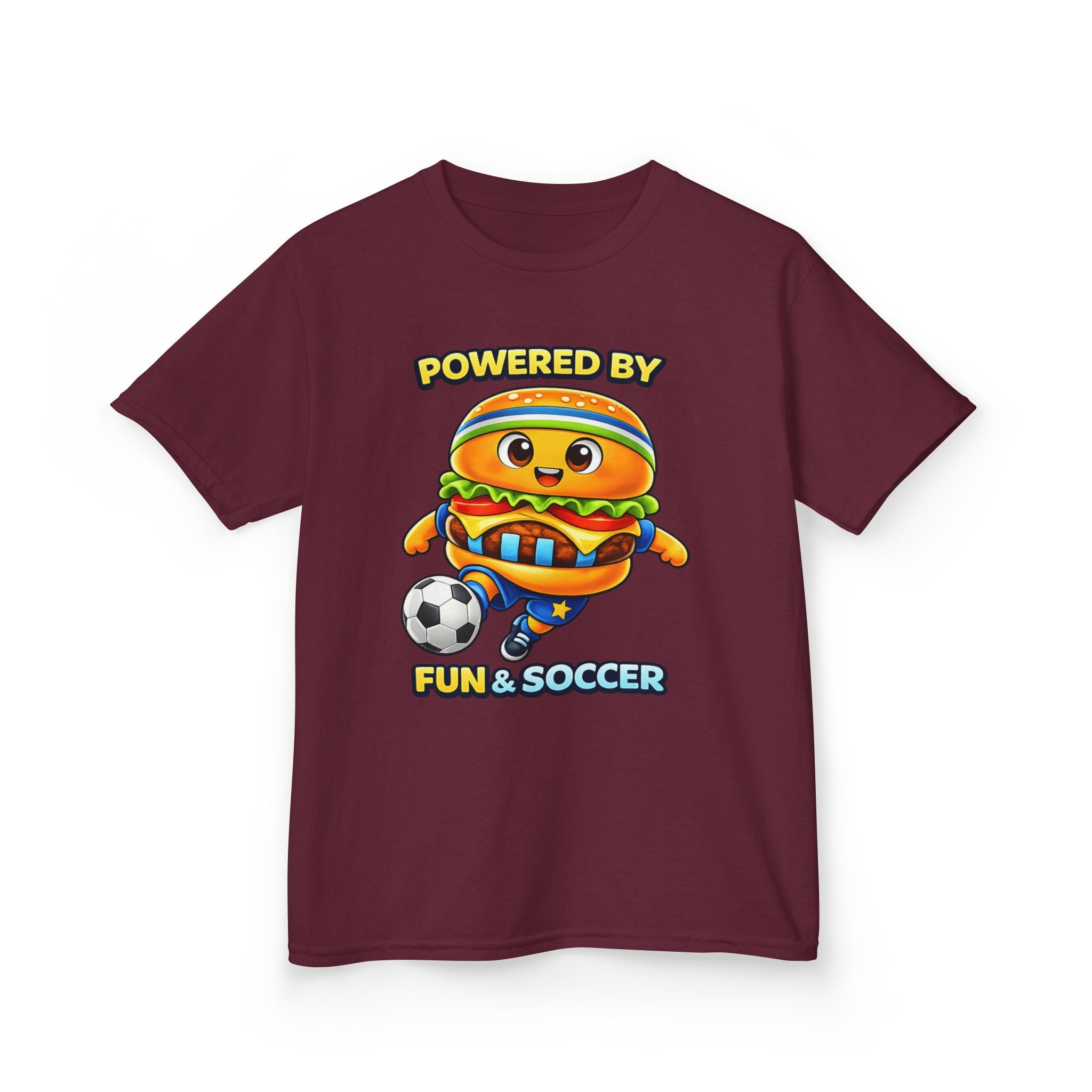 Kids Soccer T-Shirt — 'Powered by Fun & Soccer' Burger Graphic Tee