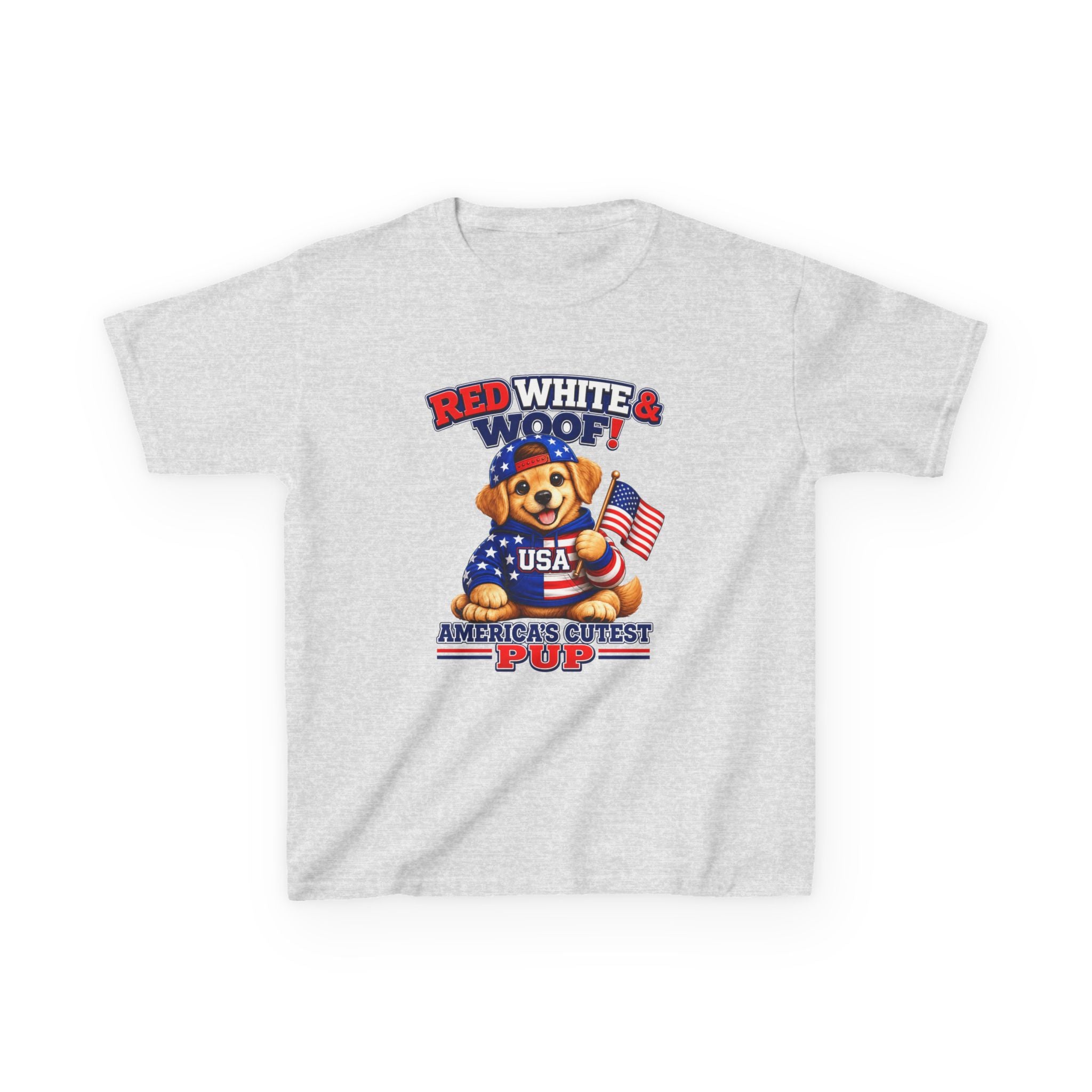 Kids Patriotic T-Shirt — 'Red White & Woof!' USA Dog Graphic Tee