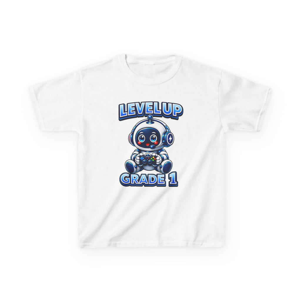 Kids Grade 1 T-Shirt — 'Level Up' Cute Robot Back-to-School Graphic Tee