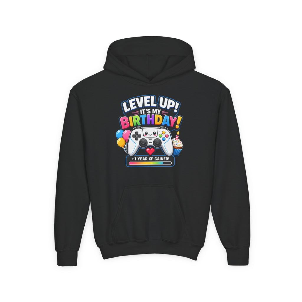 Kidxtr™ Kids Birthday Hoodie — 'Level Up, It’s My Birthday' Cartoon Graphic Sweatshirt