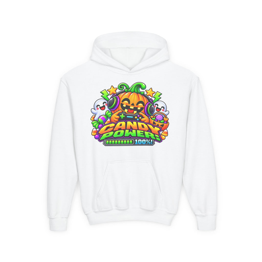 Kidxtr™ Kids Halloween Hoodie — 'Candy Power 100%' Gamer Pumpkin Graphic Hoodie