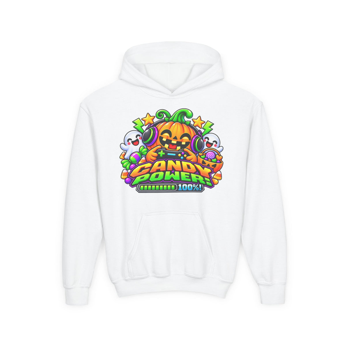 Kidxtr™ Kids Halloween Hoodie — 'Candy Power 100%' Gamer Pumpkin Graphic Hoodie