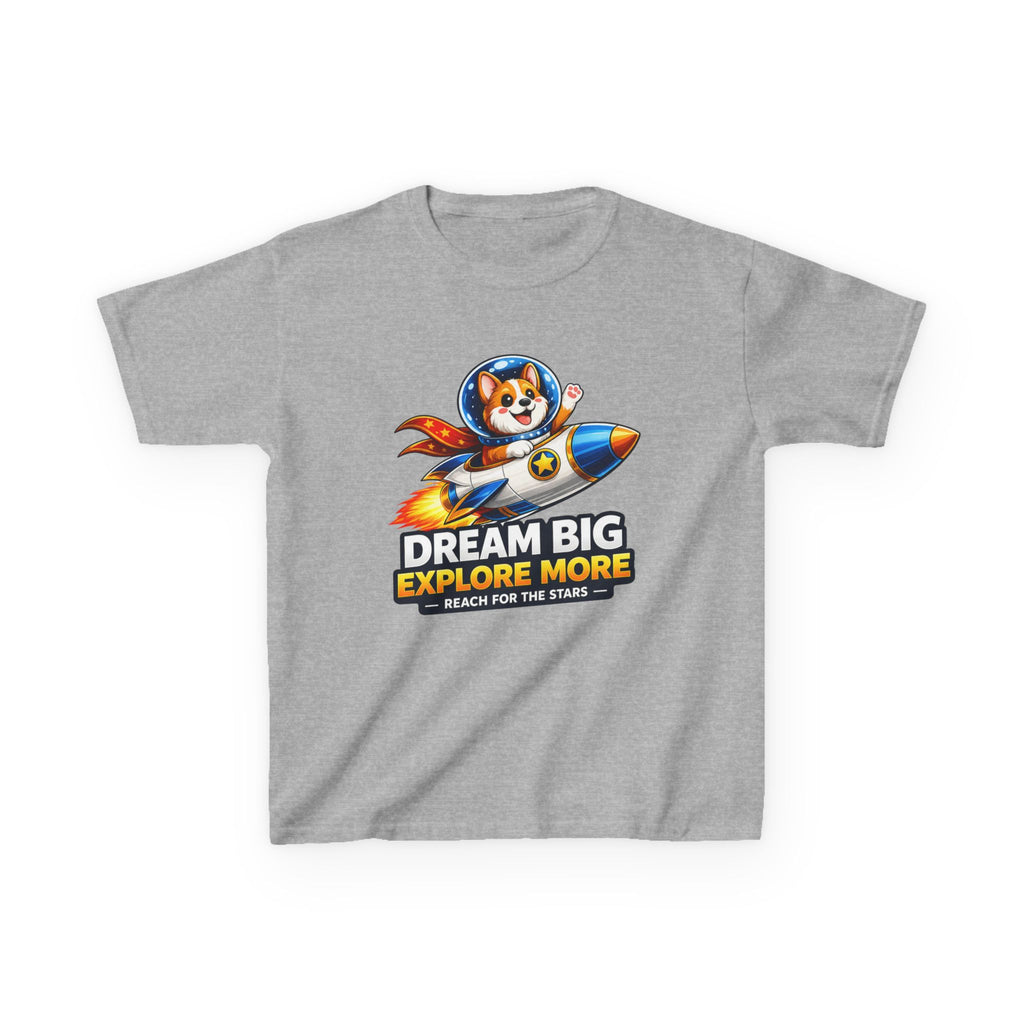 Kids Tee — "Dream Big Explore More" Rocket Dog Space Graphic