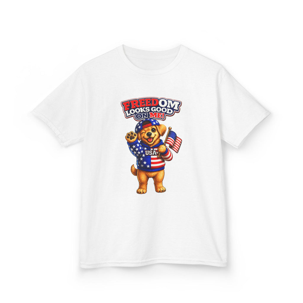 Kids Patriotic T-Shirt — 'Freedom Looks Good on Me' USA Dog Graphic Tee