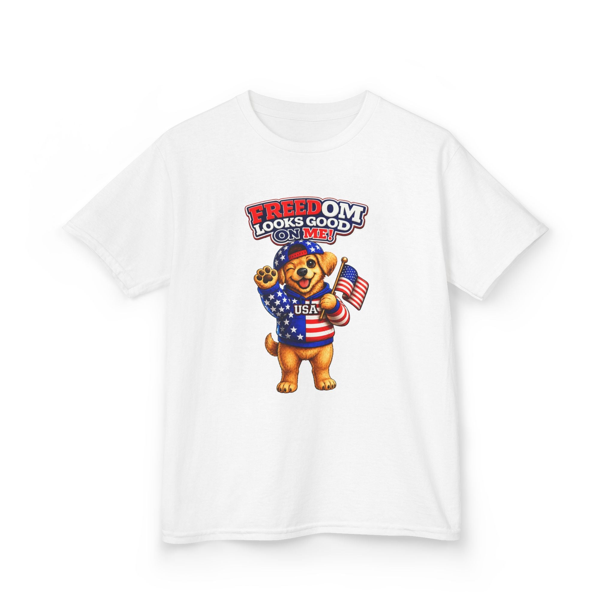Kids Patriotic T-Shirt — 'Freedom Looks Good on Me' USA Dog Graphic Tee