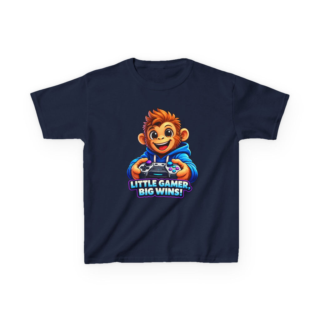 Kids Monkey T-Shirt — 'Little Gamer Big Wins!' Cartoon Monkey Gamer Graphic Tee