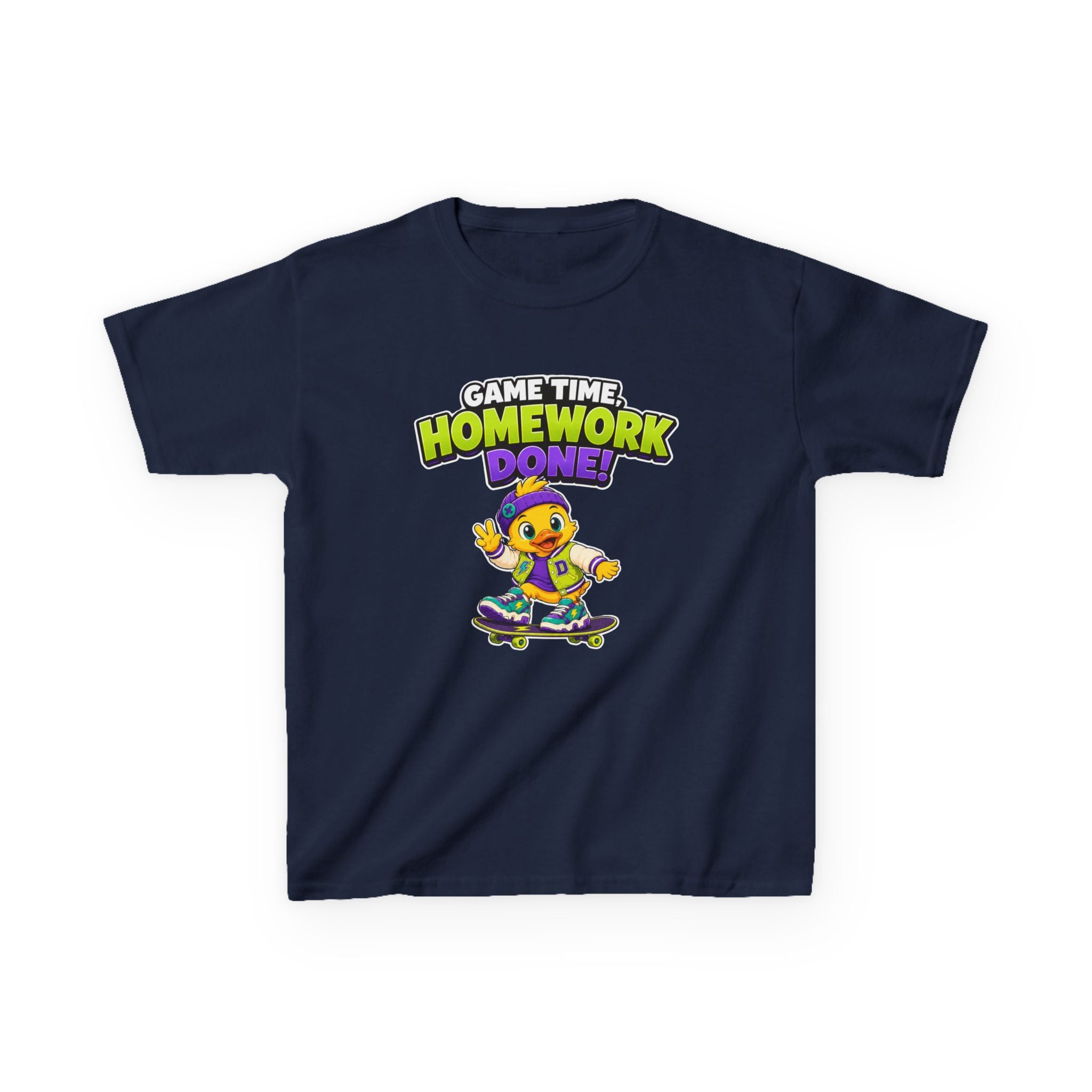 Kids Back-to-School T-Shirt — 'Game Time, Homework Done!' Skateboard Duck Graphic Tee
