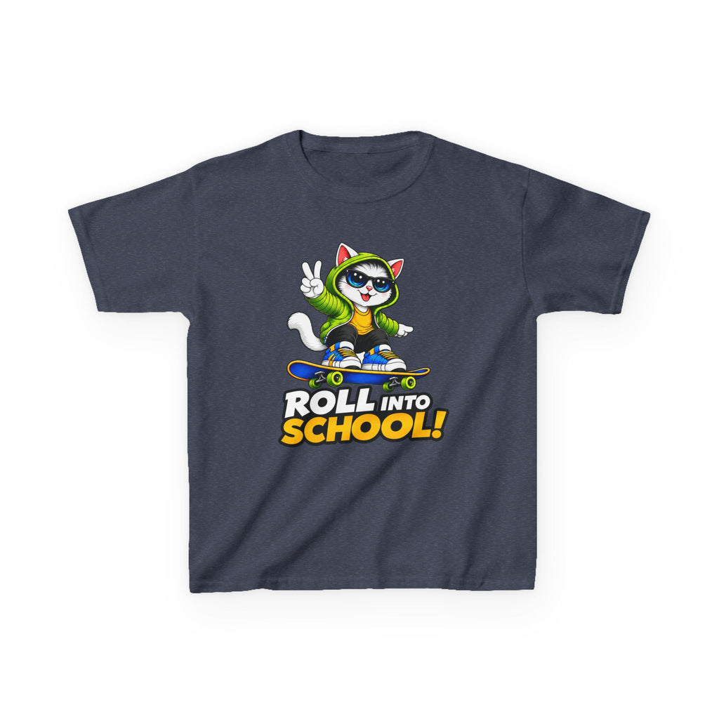 Kids Skateboarding Cat T-Shirt — 'Roll Into School' Back-to-School Graphic Tee