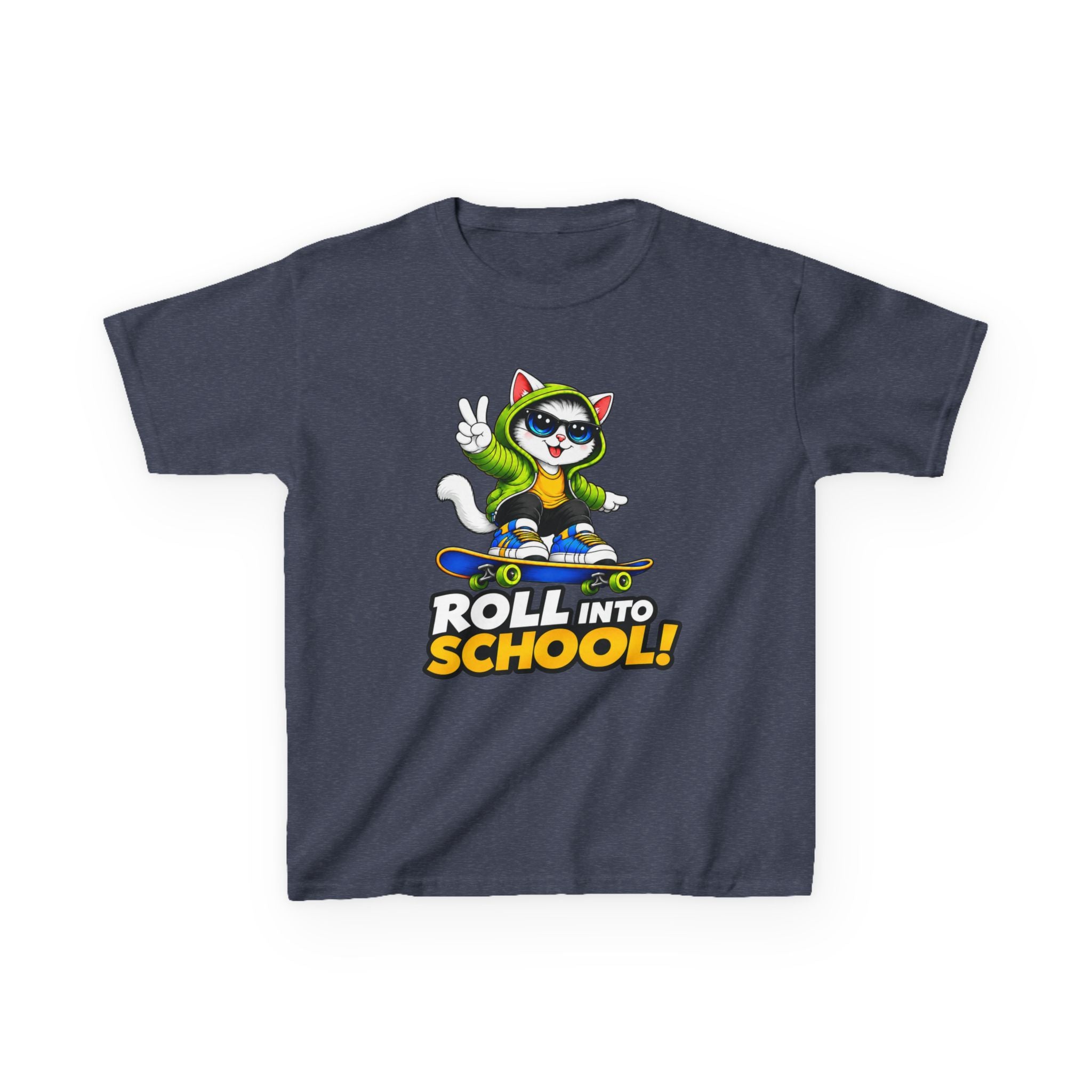 Kids Skateboarding Cat T-Shirt — 'Roll Into School' Back-to-School Graphic Tee