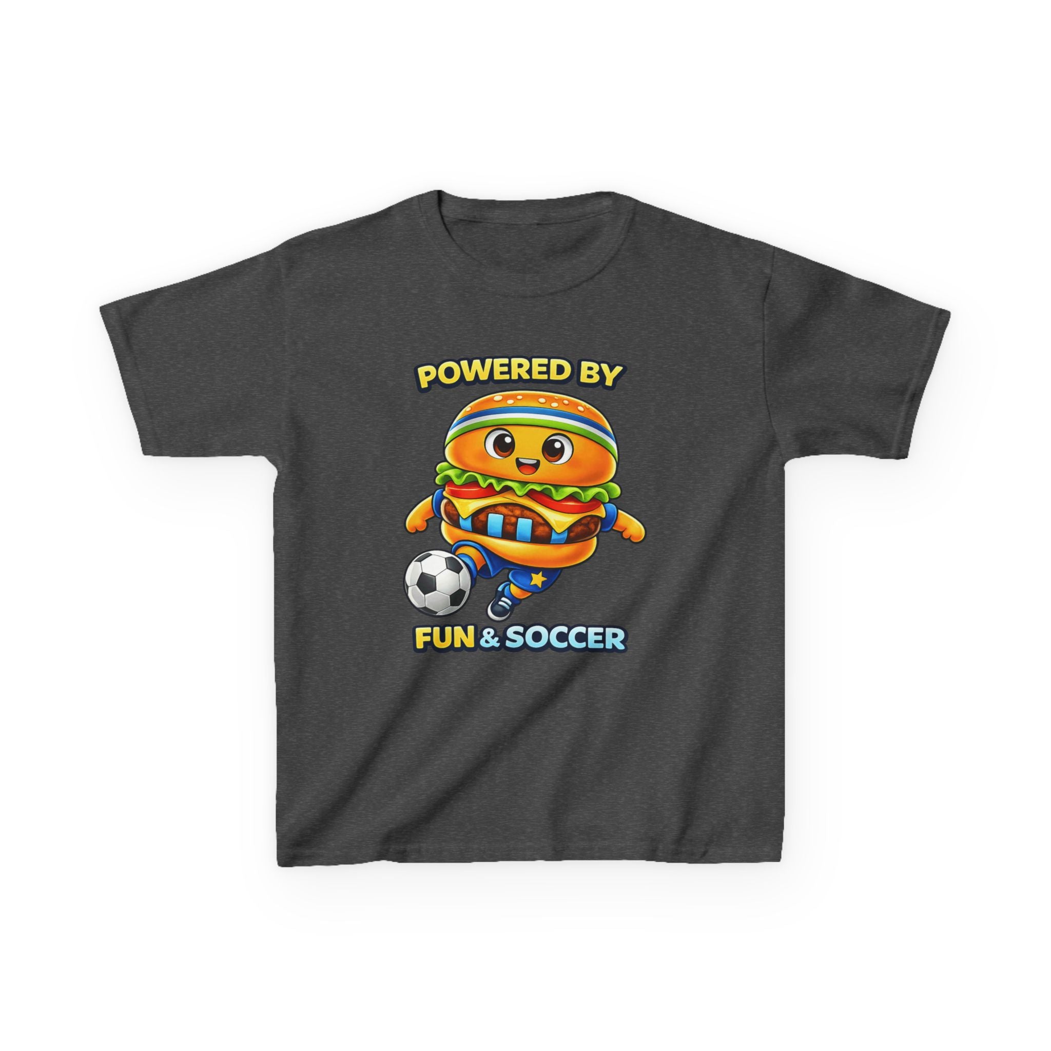 Kids Soccer T-Shirt — 'Powered by Fun & Soccer' Burger Graphic Tee