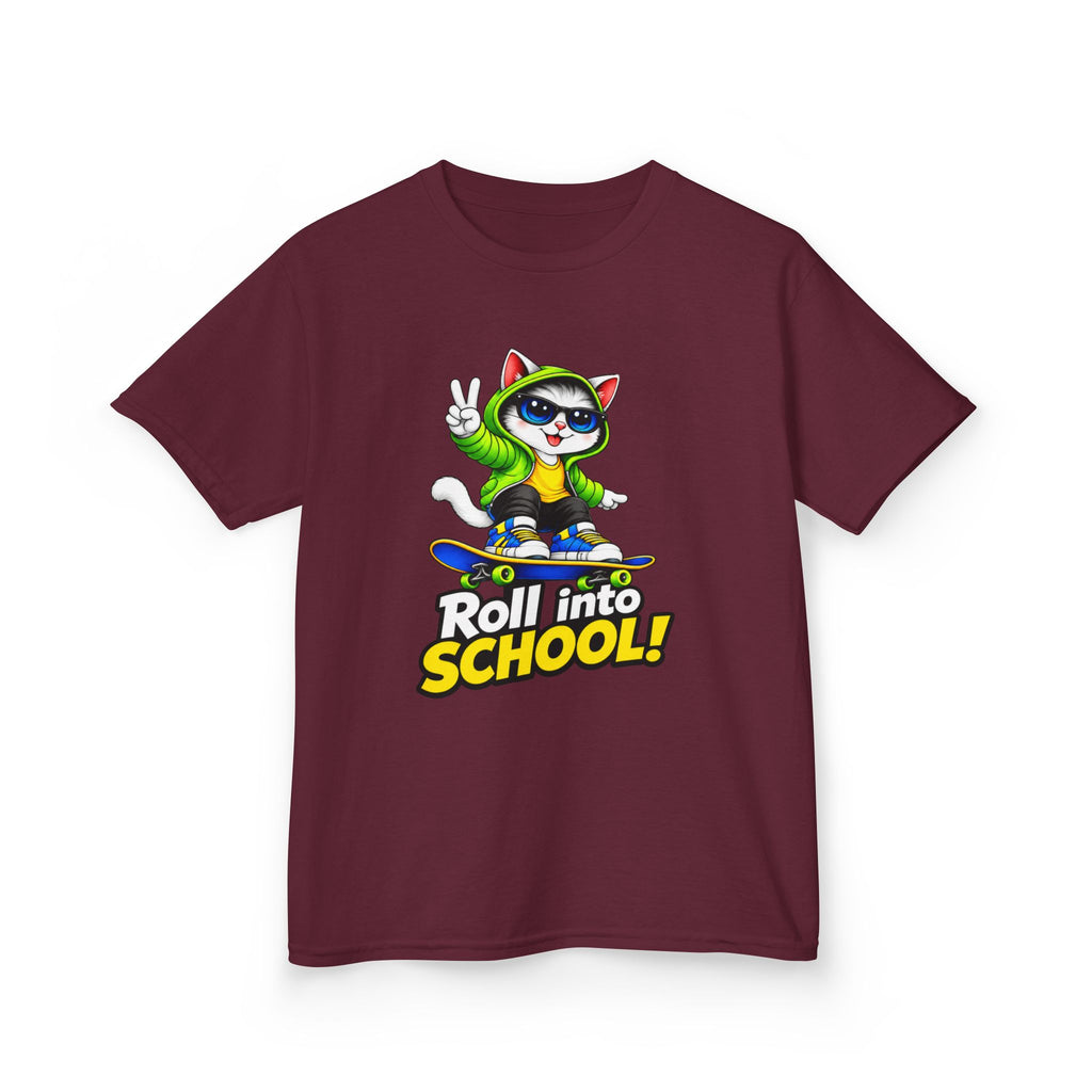 Kids T‑Shirt — 'Roll into School!' Skateboard Cat Back-to-School Tee