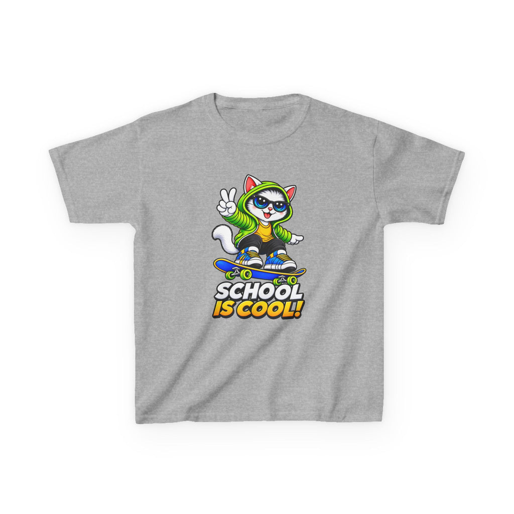 Kids School T-Shirt — 'School Is Cool' Skateboard Cat Graphic Tee