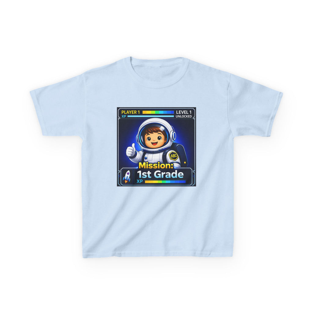 Kids Gaming T-Shirt — 'Mission: 1st Grade' Level Up Astronaut Graphic Tee