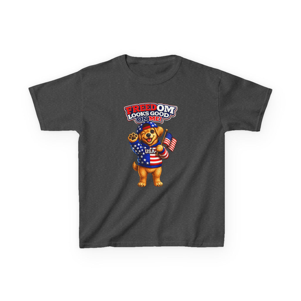 Kids Patriotic T-Shirt — 'Freedom Looks Good on Me' USA Dog Graphic Tee
