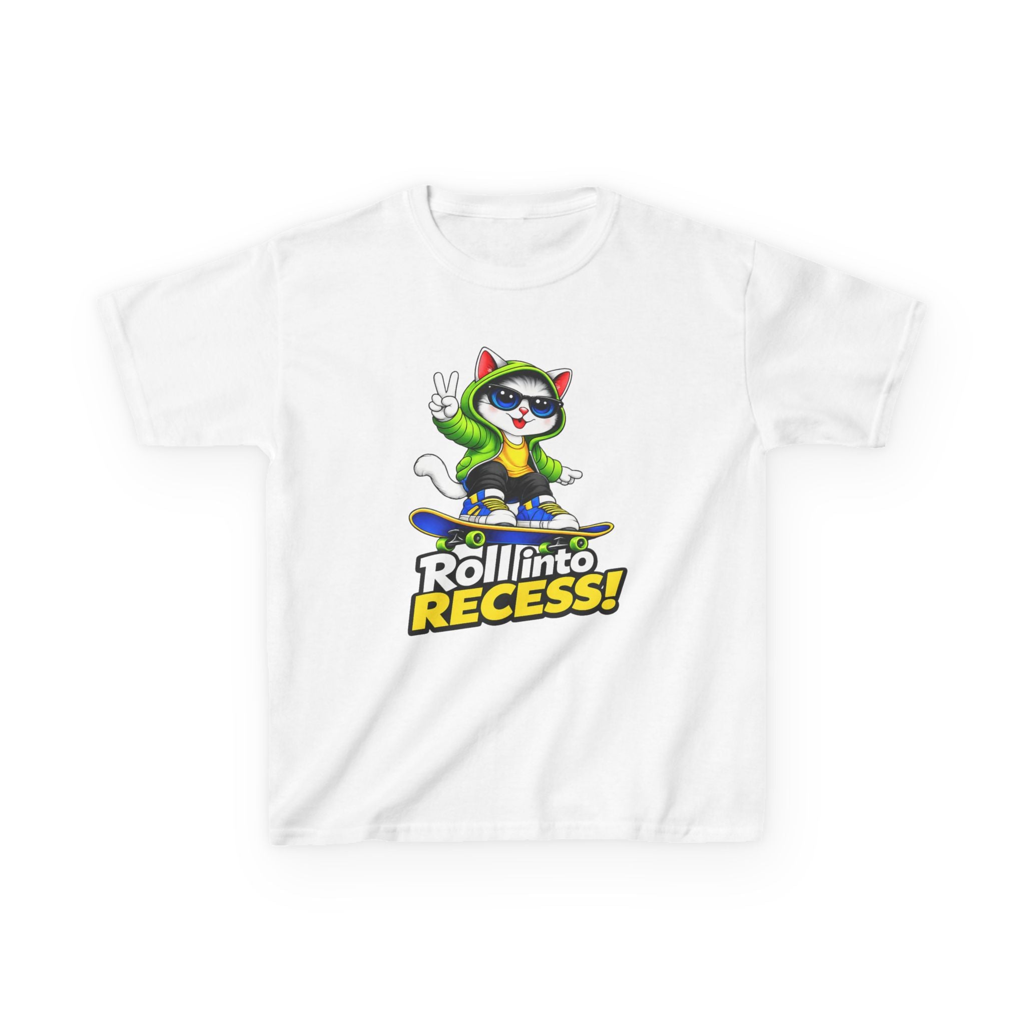 Kids Skateboarding Cat T-Shirt — 'Roll into Recess!' Graphic Tee