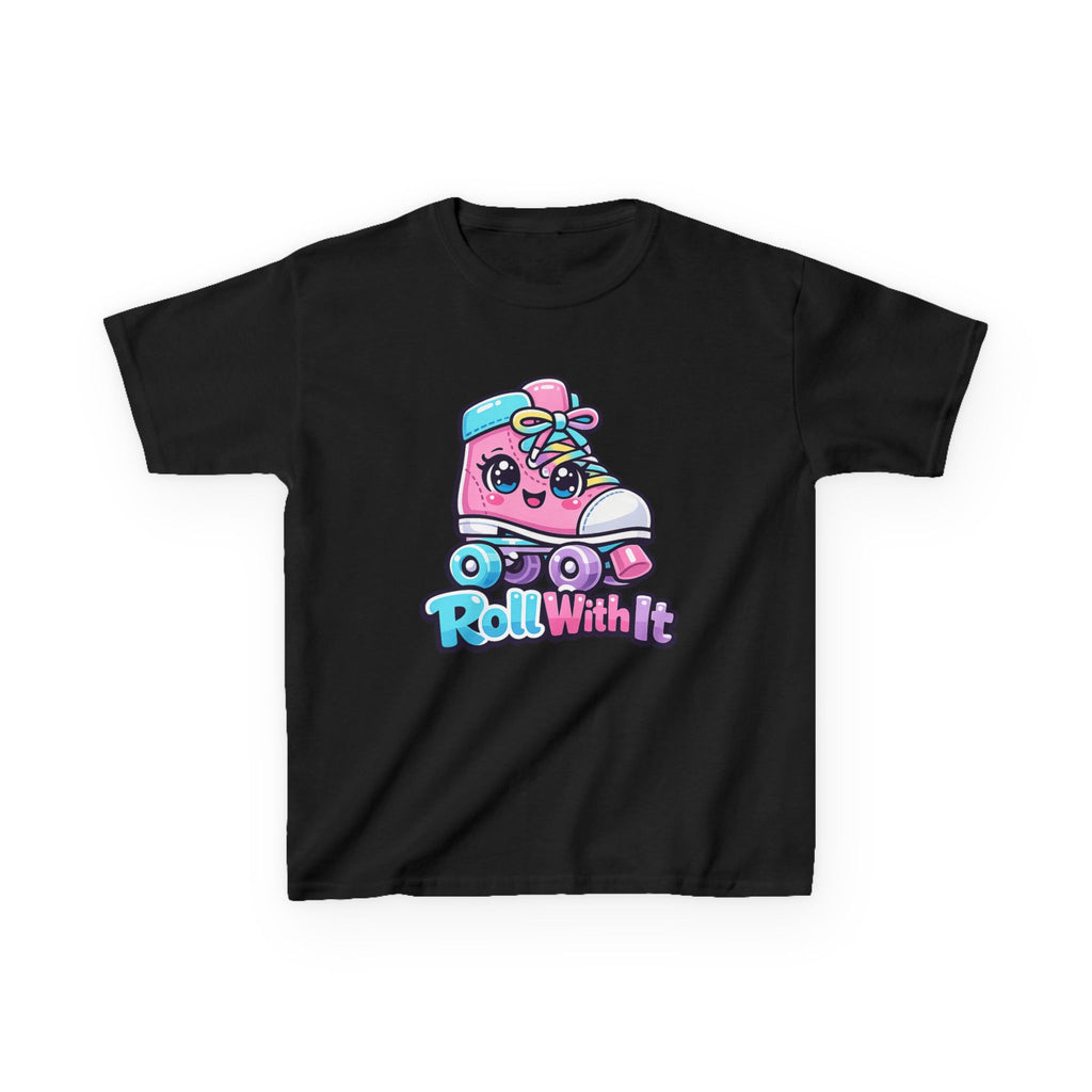 Kids Roller Skate T-Shirt — 'Roll With It' Cute Pink Roller Skate Graphic Tee