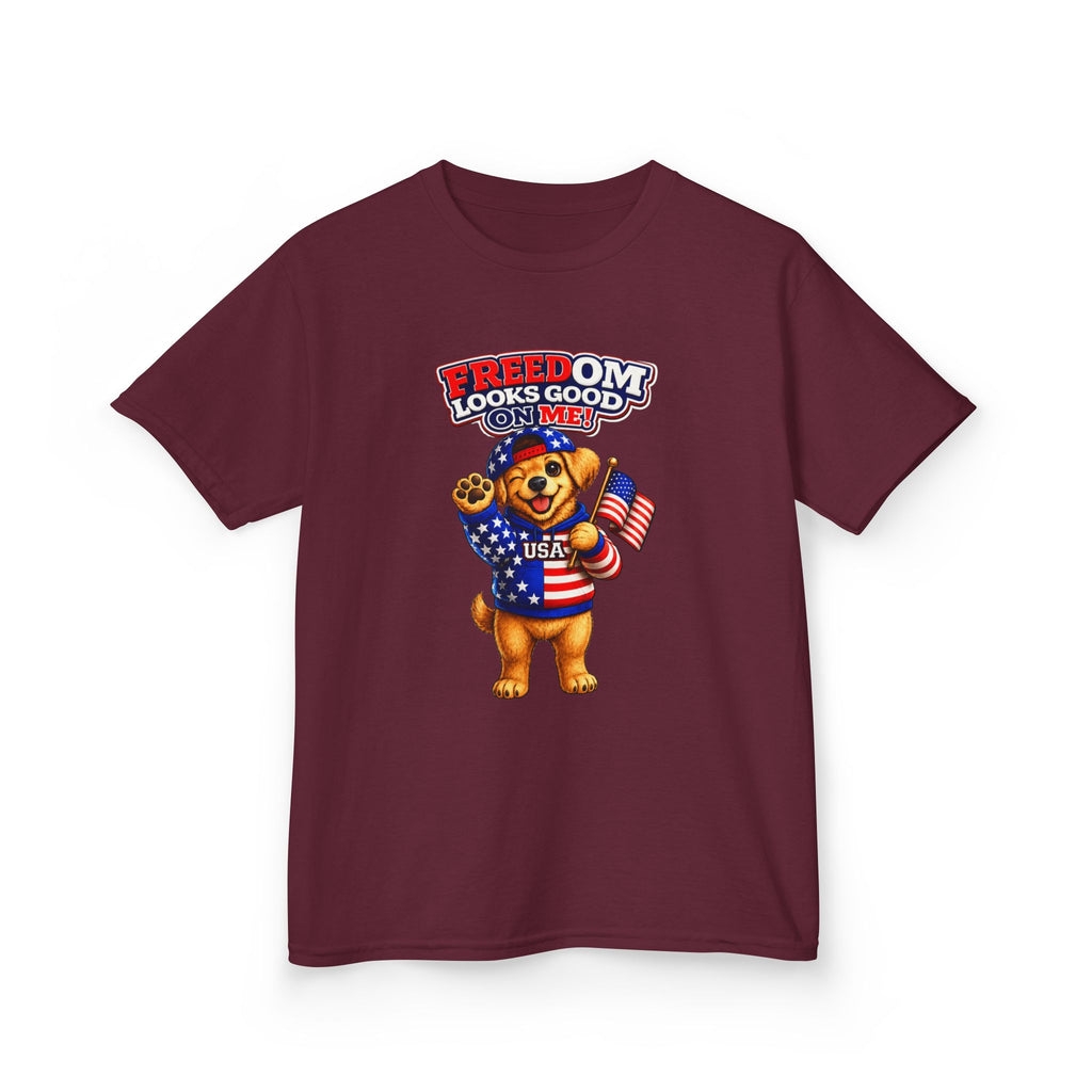 Kids Patriotic T-Shirt — 'Freedom Looks Good on Me' USA Dog Graphic Tee