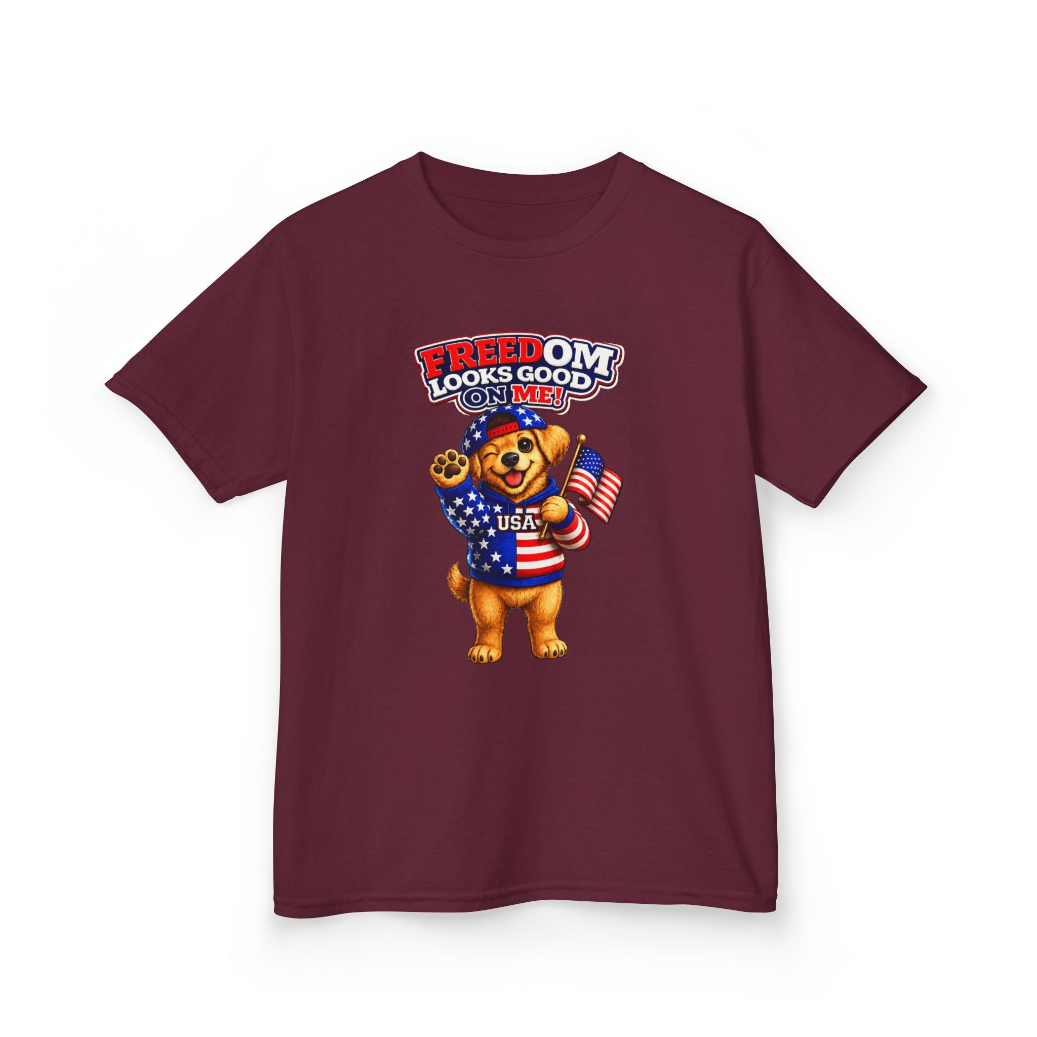 Kids Patriotic T-Shirt — 'Freedom Looks Good on Me' USA Dog Graphic Tee