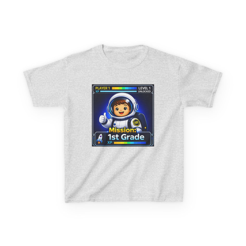Kids Gaming T-Shirt — 'Mission: 1st Grade' Level Up Astronaut Graphic Tee