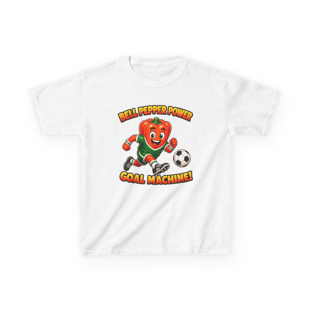 Kids Soccer T-Shirt — 'Bell Pepper Power' Goal Machine Cute Veggie Mascot Graphic Tee