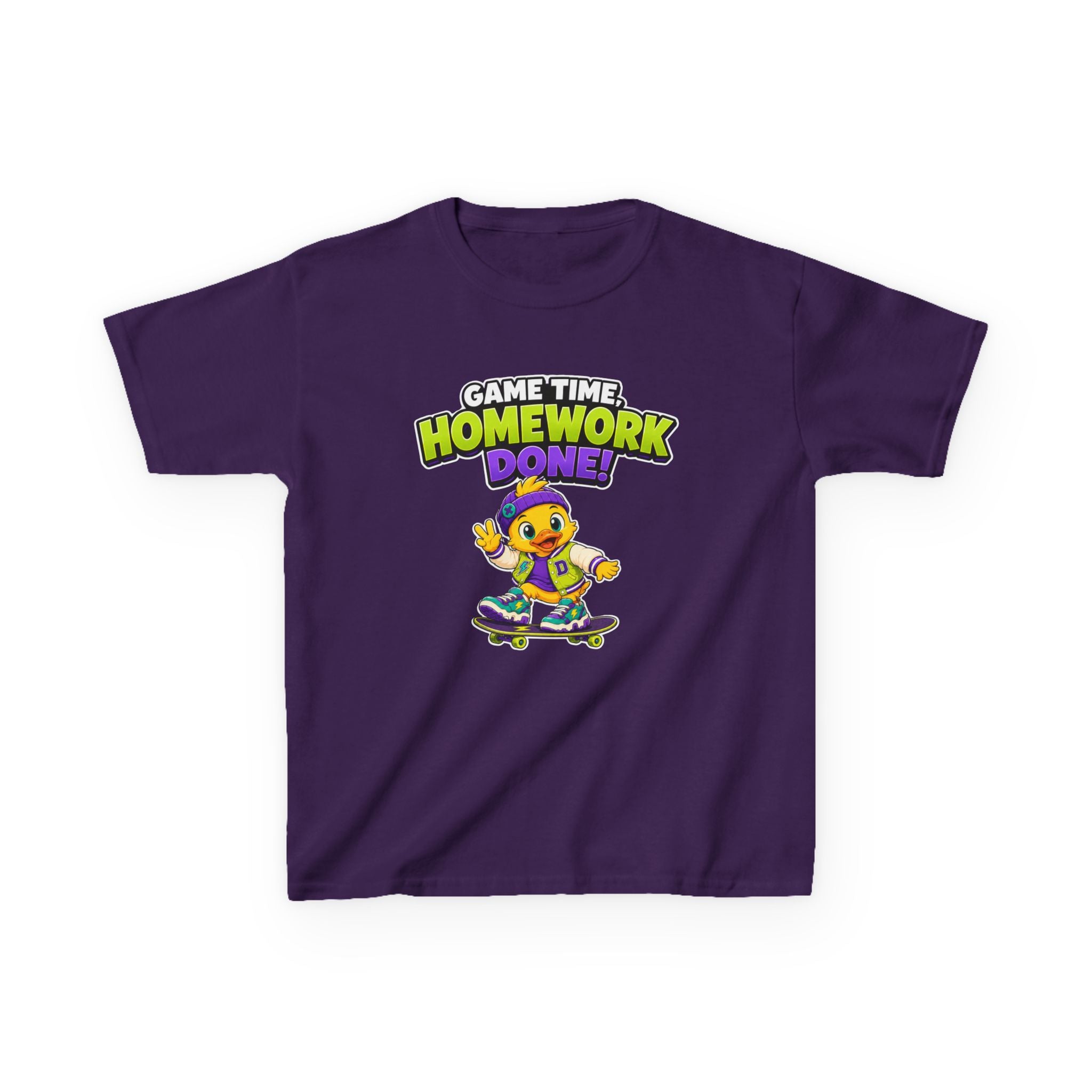 Kids Back-to-School T-Shirt — 'Game Time, Homework Done!' Skateboard Duck Graphic Tee