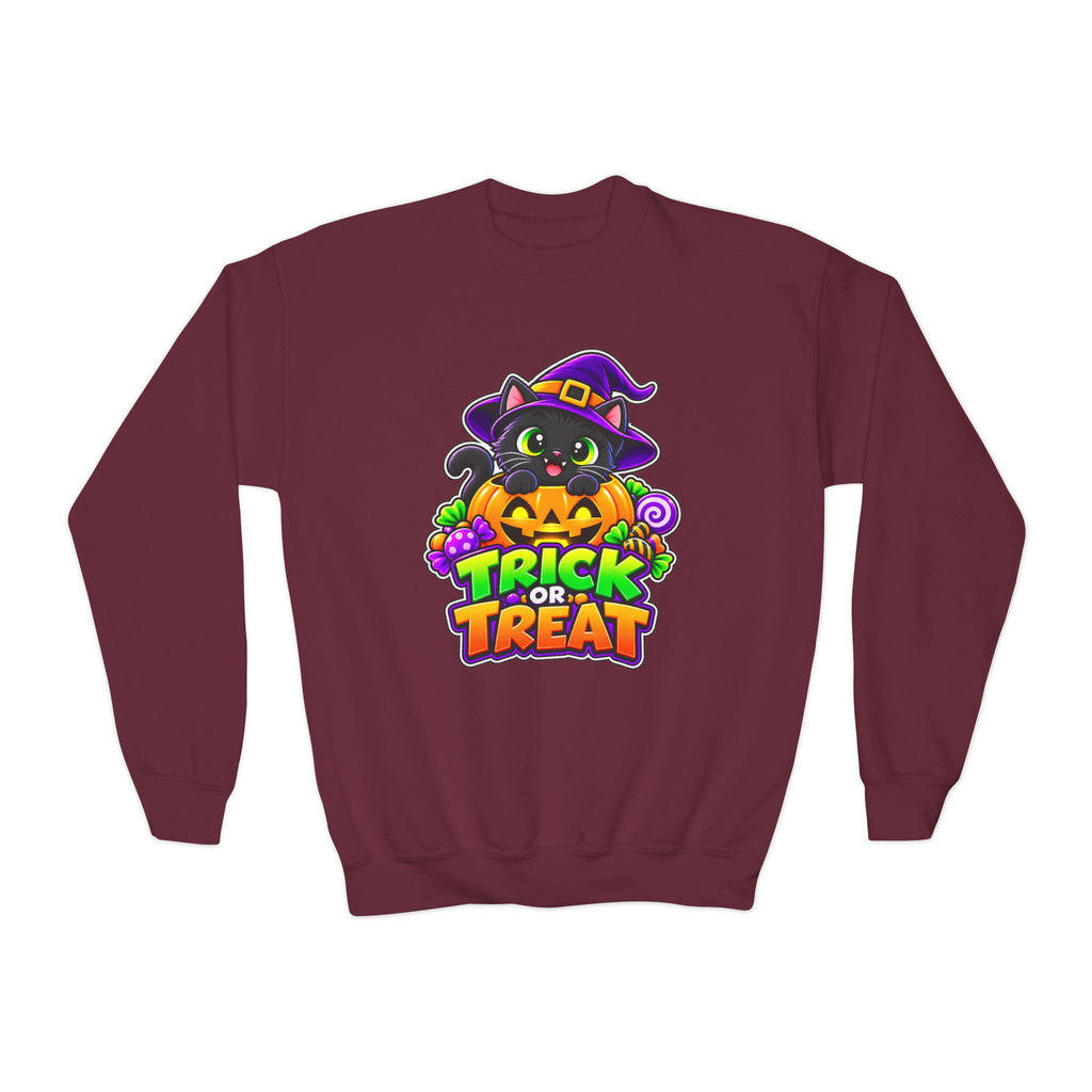 Kidxtr™ Kids Halloween Sweatshirt — 'Trick or Treat' Black Cat in Pumpkin Graphic Crewneck