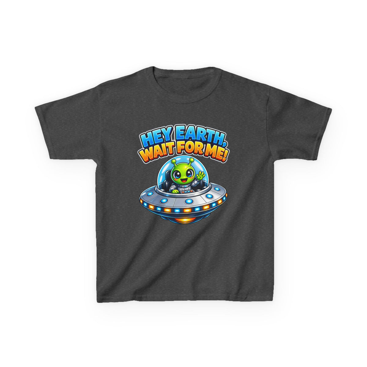 Kidxtr™ Kids Space T-Shirt — 'Hey Earth, Wait For Me!' Alien Spaceship Graphic Tee