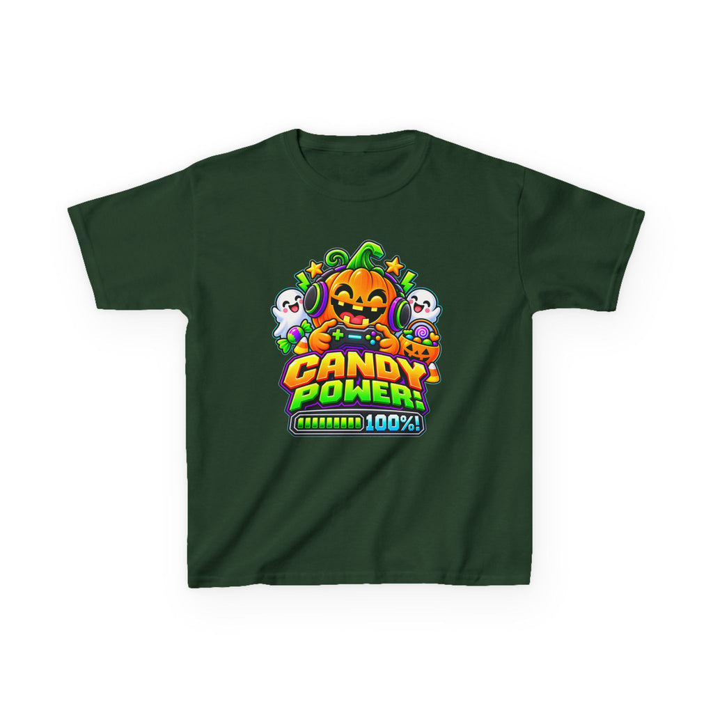 Kidxtr™ Kids Pumpkin T-Shirt — 'Candy Power 100%' Gamer Halloween Graphic Tee
