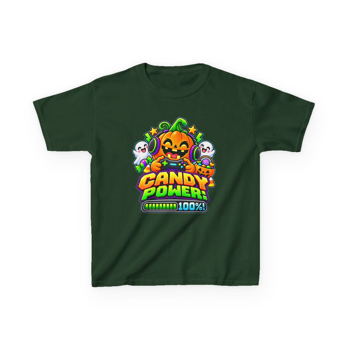 Kidxtr™ Kids Pumpkin T-Shirt — 'Candy Power 100%' Gamer Halloween Graphic Tee