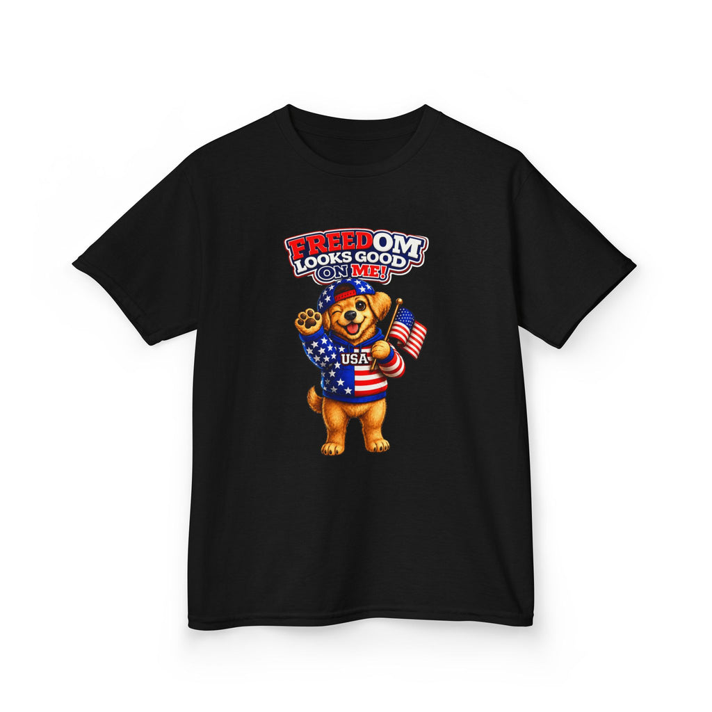 Kids Patriotic T-Shirt — 'Freedom Looks Good on Me' USA Dog Graphic Tee