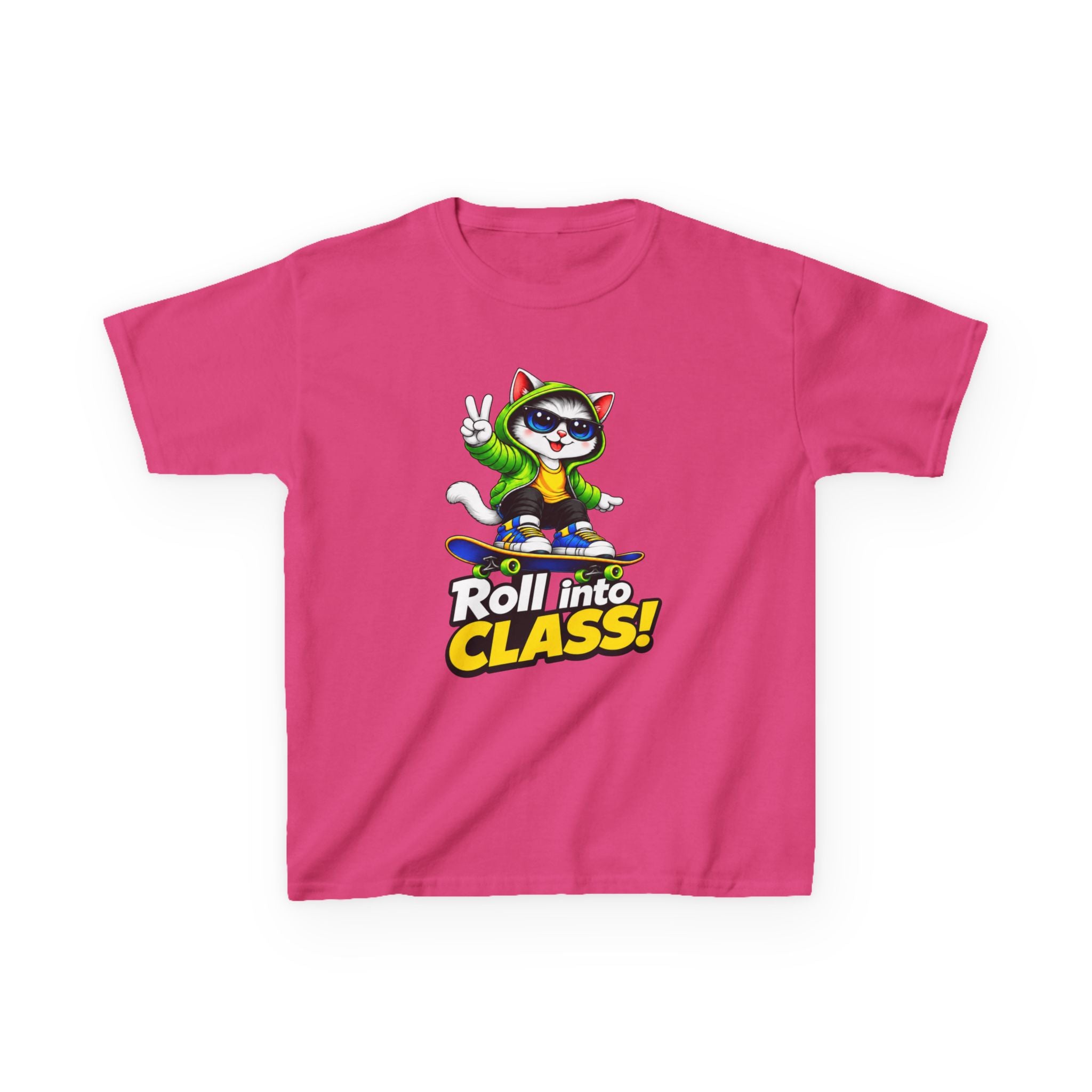 Kids Skateboarding Cat T-Shirt — 'Roll into Class!' Back-to-School Graphic Tee