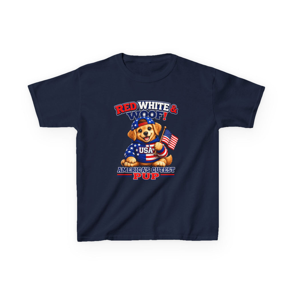 Kids Patriotic T-Shirt — 'Red White & Woof!' USA Dog Graphic Tee