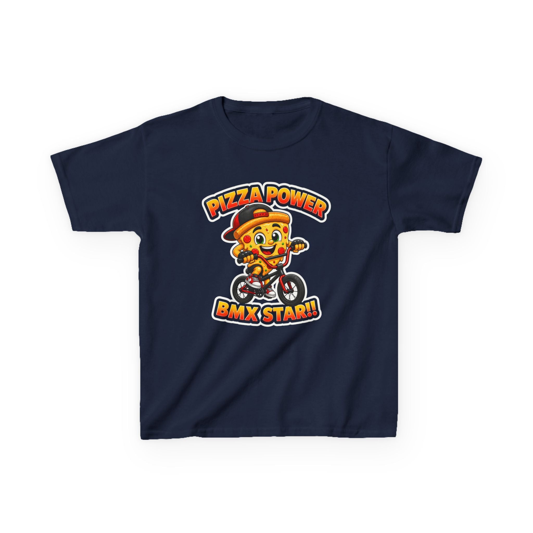 Kids BMX T-Shirt — 'Pizza Power' Cute Pizza Character Riding Bike Graphic Tee