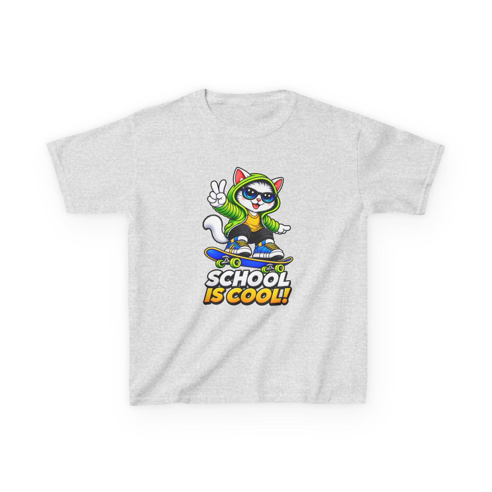 Kids School T-Shirt — 'School Is Cool' Skateboard Cat Graphic Tee