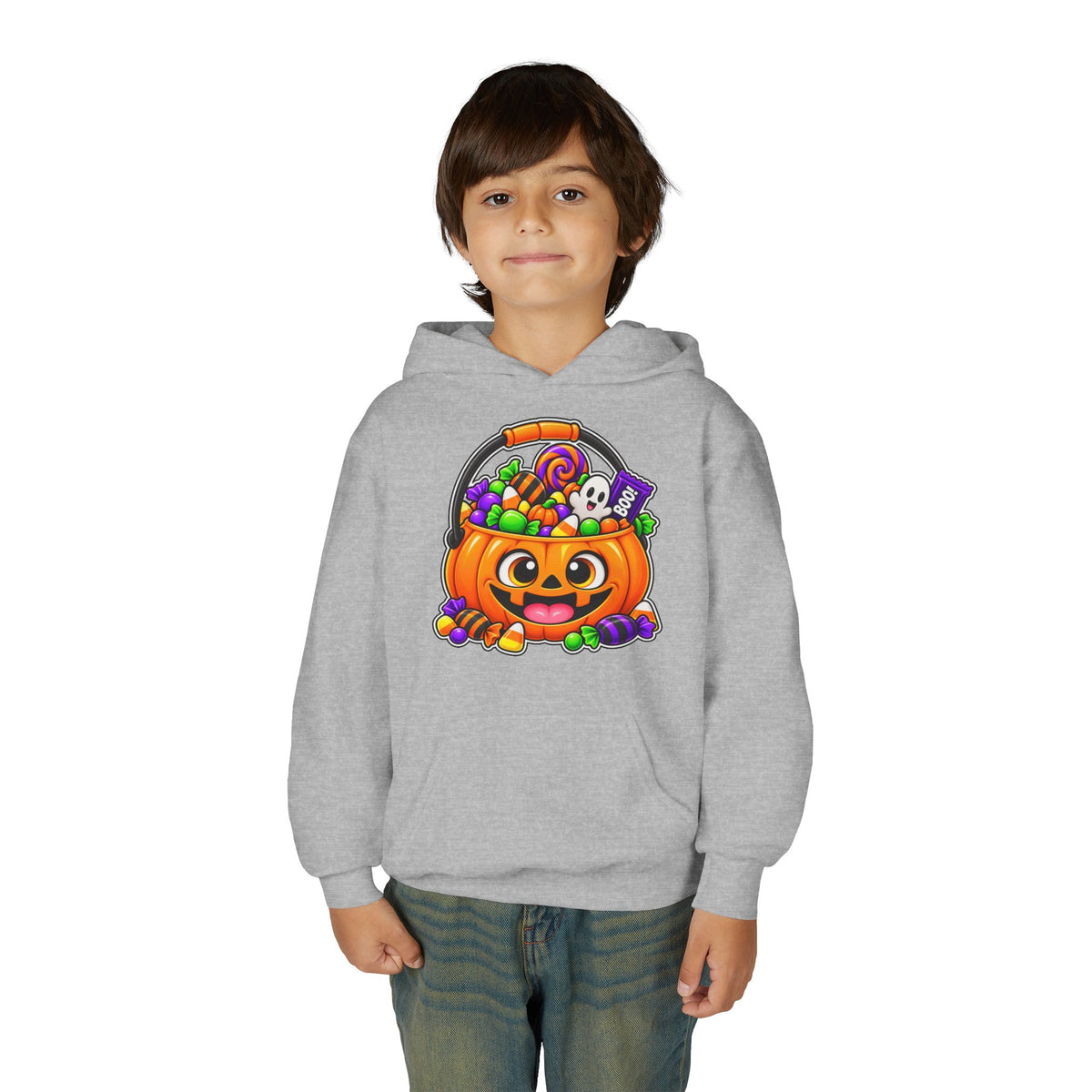 Kidxtr™ Kids Pumpkin Hoodie — 'Trick or Treat' Jack-O-Lantern Candy Basket Graphic Hoodie.