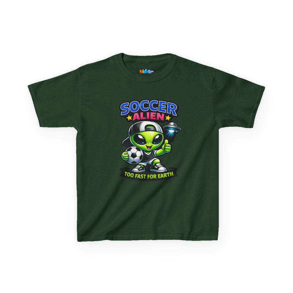 Kidxtr™ Kids Soccer T-Shirt — 'Too Fast for Earth' Soccer Alien Graphic Tee